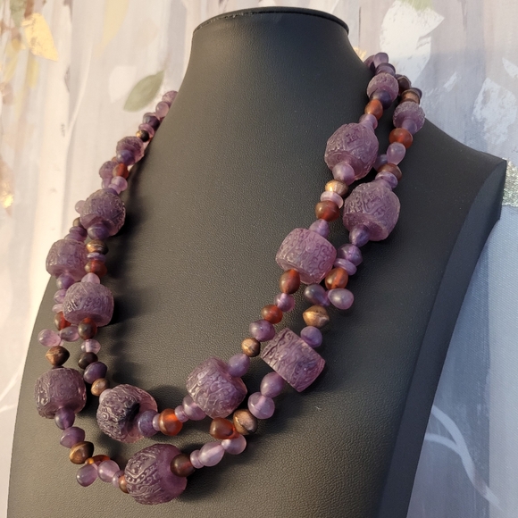 Coldwater Creek Jewelry - COLDWATER CREEK Ornate Etched Purple, Red, & Copper Bi-strand Beaded Necklace